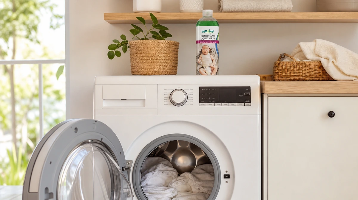 Cloth nappies in washing machine with Super Nappy Wash — correct wash routine prevents nappy rash