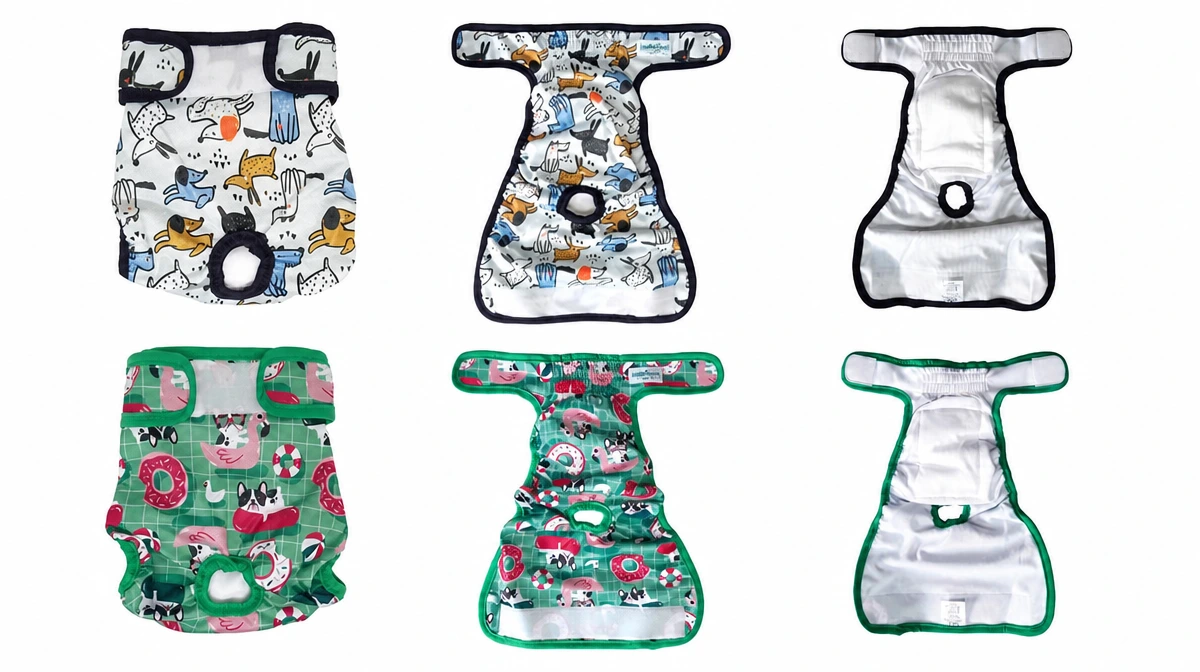 Bamboo Baby reusable female dog diapers in different printed designs — front, open and inner views