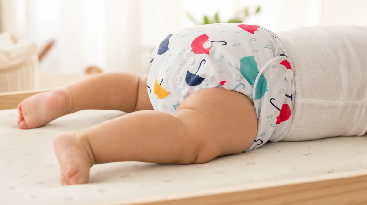 Reusable cloth nappy on a baby — Bamboo Baby modern cloth nappies reduce nappy rash