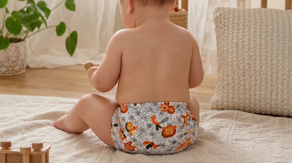 Modern cloth Sleeve Nappy with double leg gussets on a baby